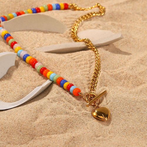 18K Gold Plated Heart Curb Chain Necklace with Coloful Boho Ceramic Beads | JDN036