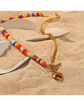 18K Gold Plated Heart Curb Chain Necklace with Coloful Boho Ceramic Beads | JDN036