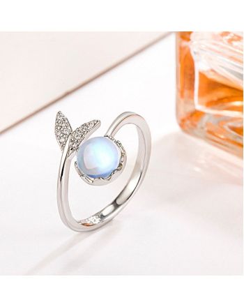 White Gold Fish Tail Ring, Whale Tail Ring, Mermaid Tail Moonstone Ring | E105