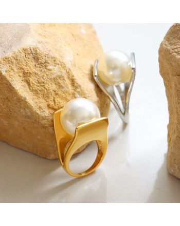 18K Gold Plated Y Shape Pearl Ring | A166